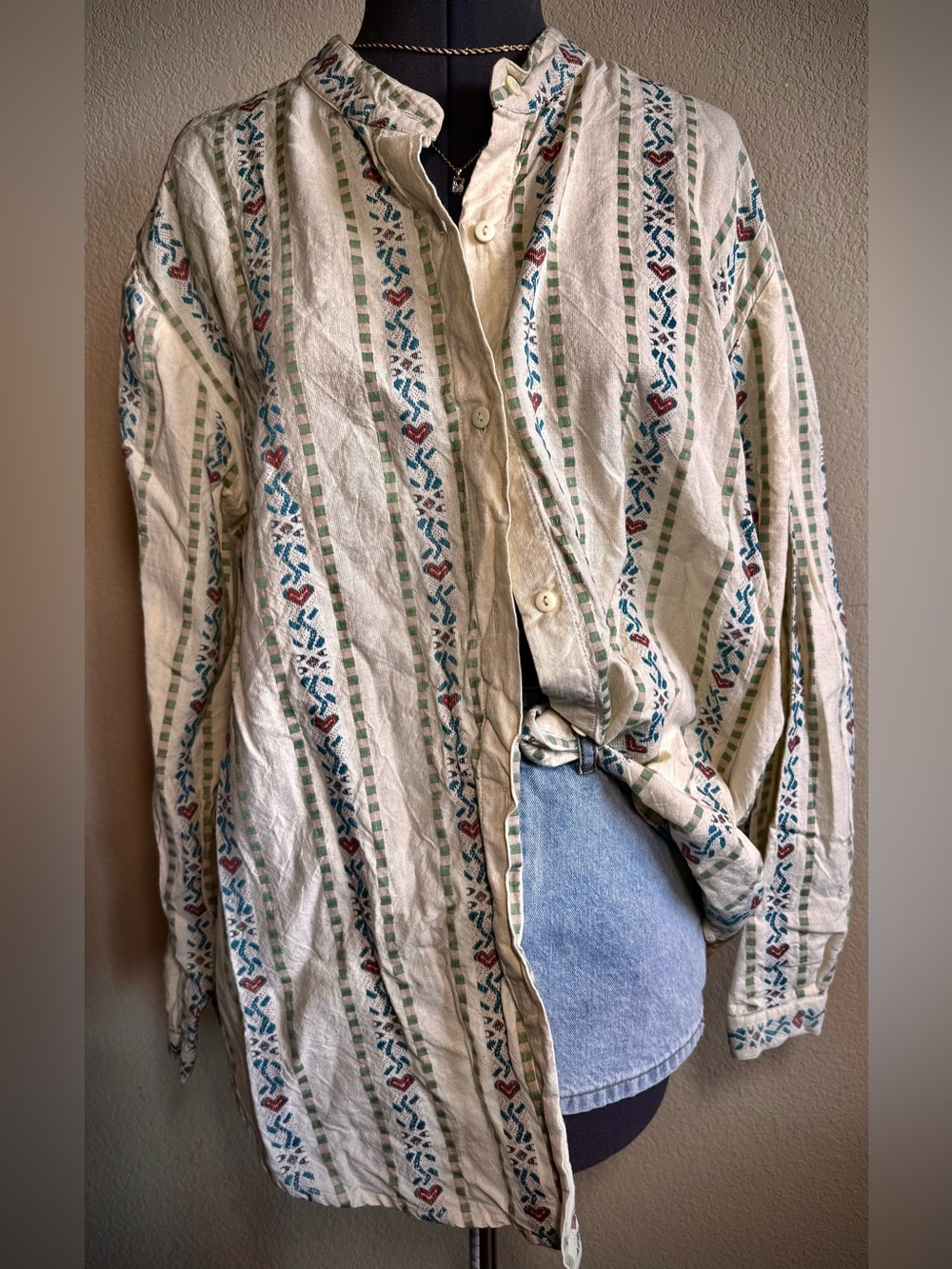 Vintage Embroidered Blair Heart Off White Button Down Shirt XL